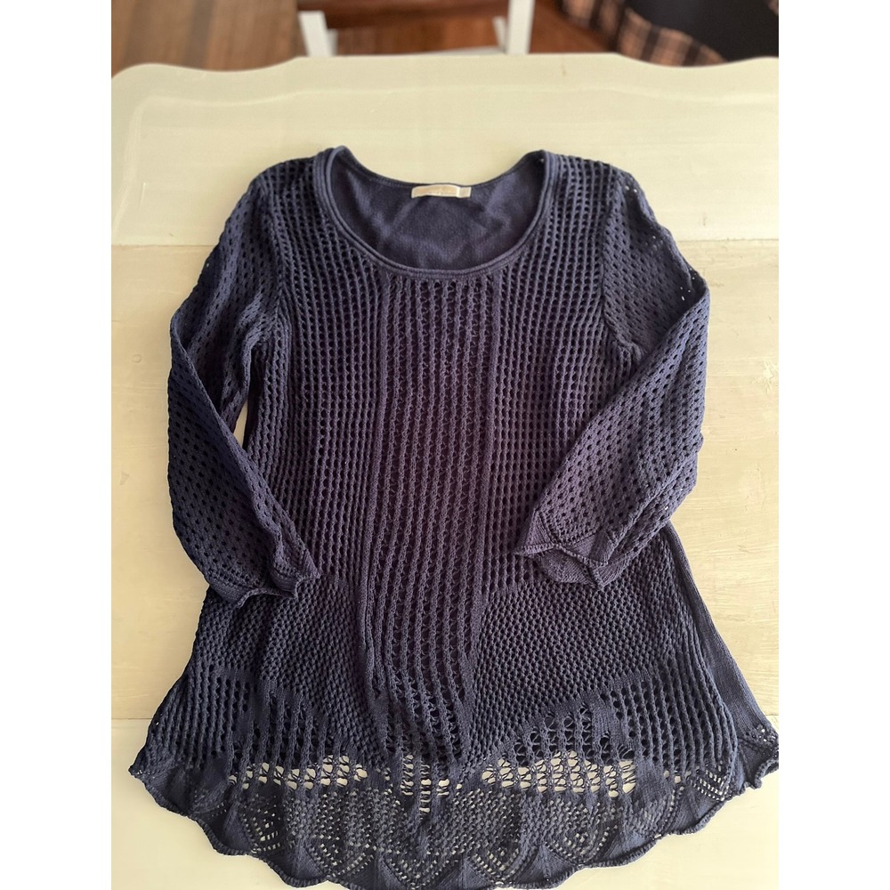 Christina Womens Navy Blue Open Knit Crochet 3/4 Sleeve Scalloped Hem Sweater L‎